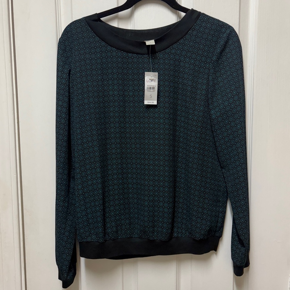 LOFT Black & Teal Geometric Print Top Blouse Lightweight Size Small